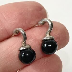 Vintage Onyx Sterling Silver Ball Drop Stud Earrings Unique Modernist Brutalist